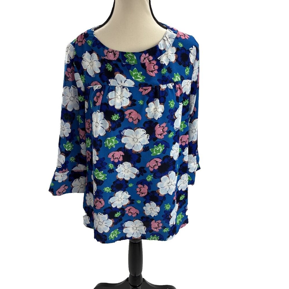 Banana Republic Womens S Blue Floral Print 3/4 Sleeve Blouse Top Casual